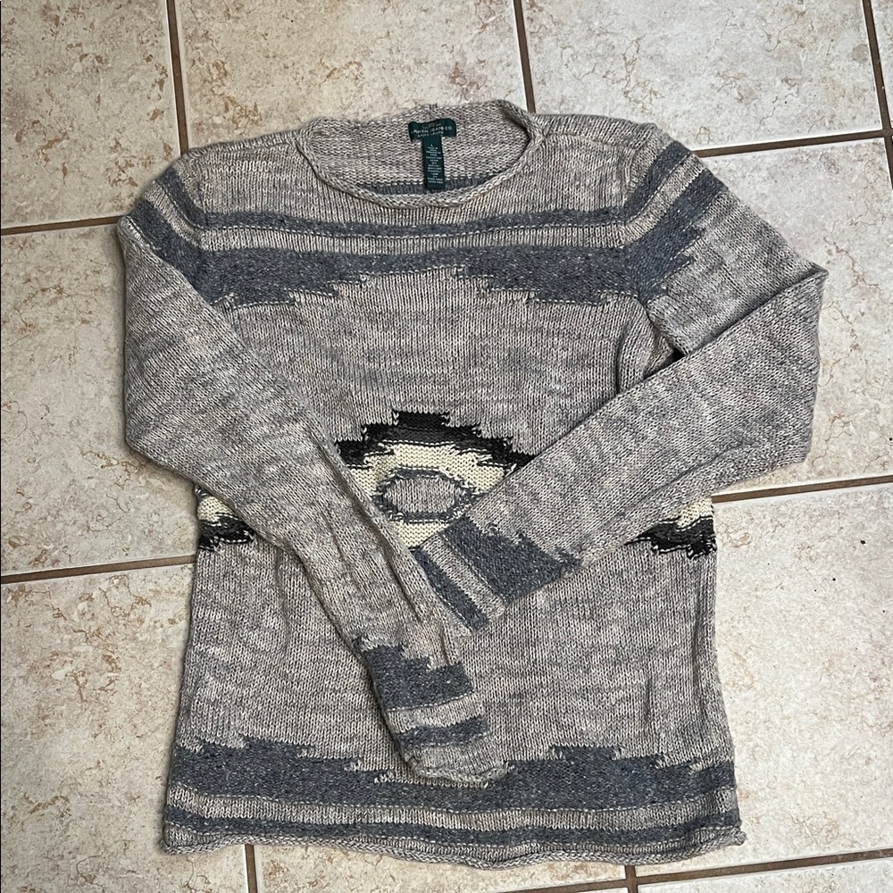 Lauren Jeans Co Ralph Lauren Aztec Knit Sweater Gray L Cozy Western Pullover